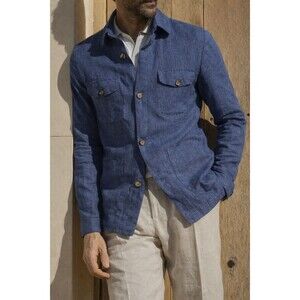 Pini Parma Linen Safari Jacket Men's L Blue Button Front Made in Italy Luxury